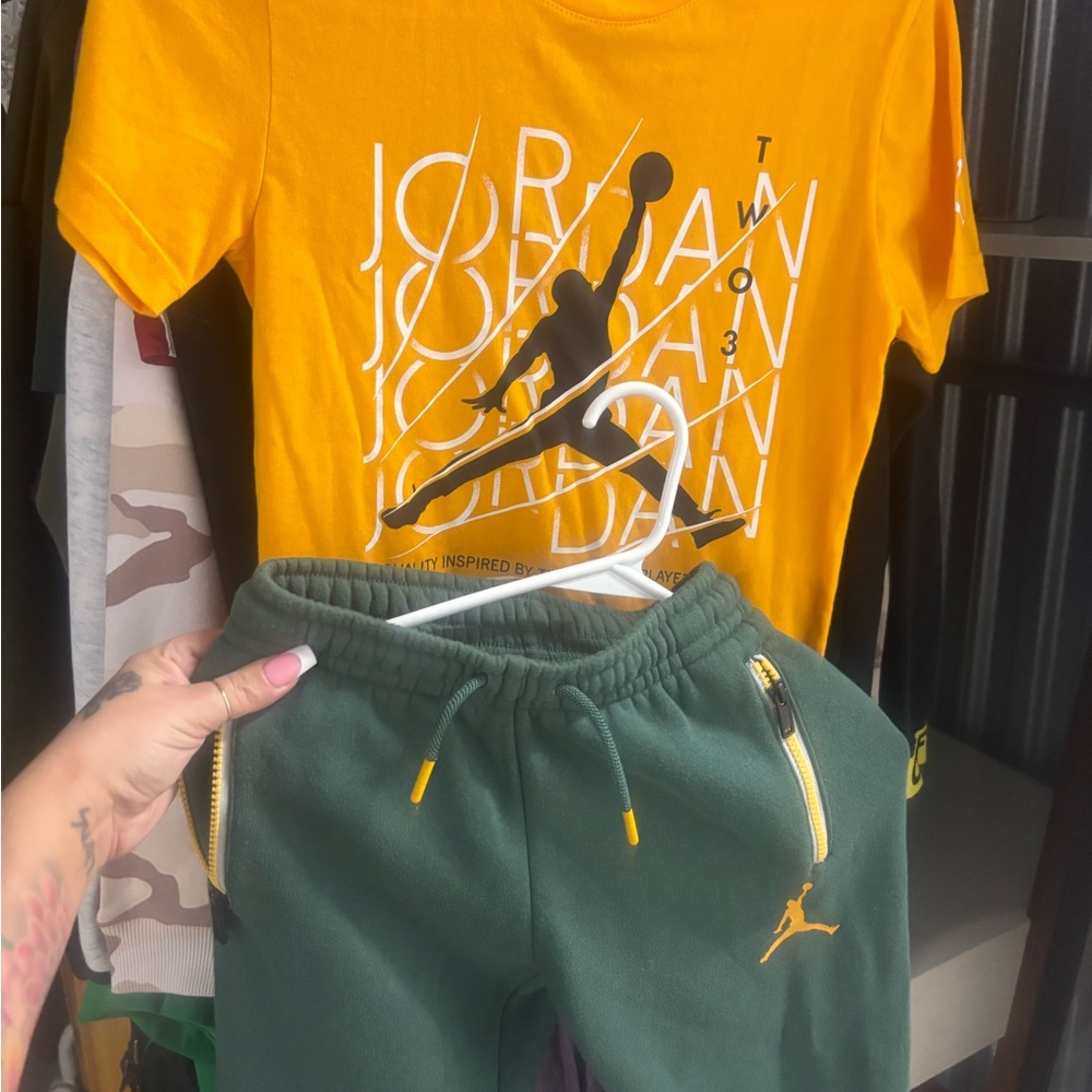 Jordan Kids Olive Joggers with Yellow Accents and yellow short sleeves T-shirt